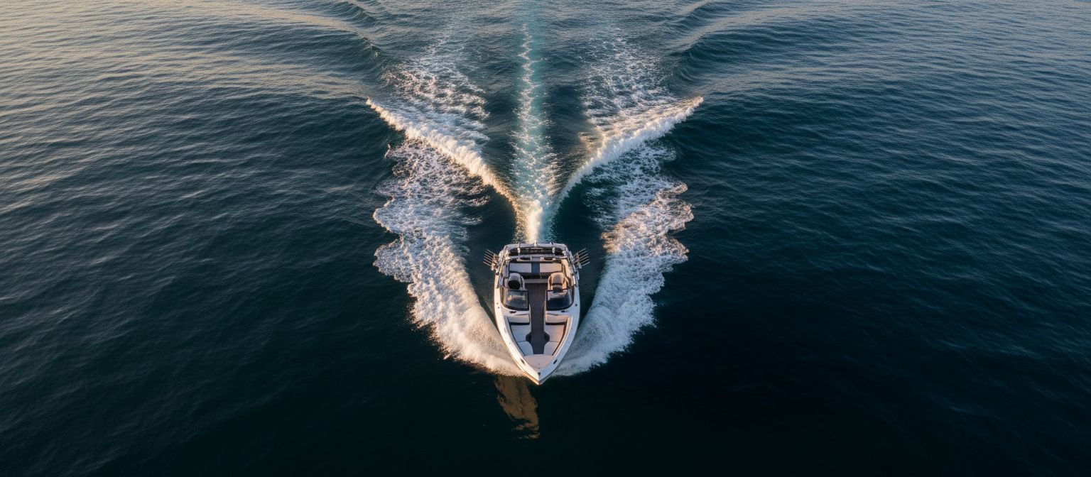 Aerial view of a wake boat creating a V-shaped wake pattern
